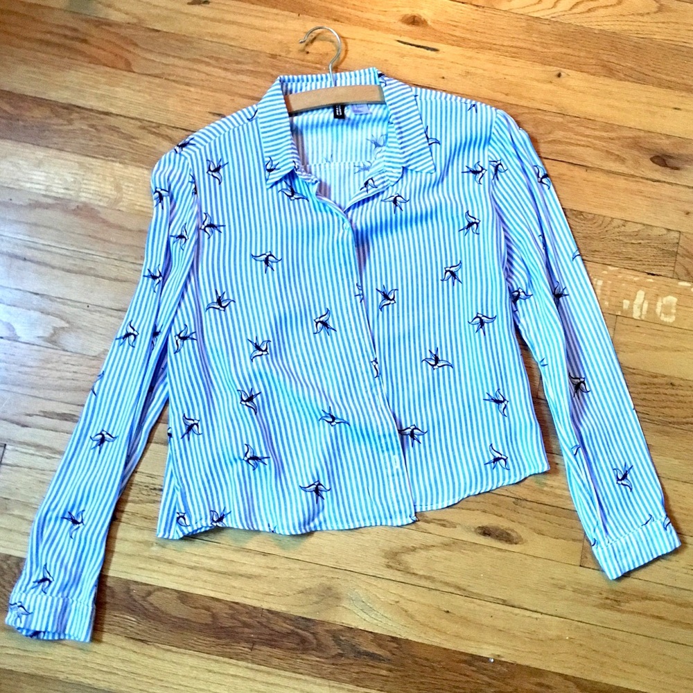 Striped Swallows Blouse, Blue&White